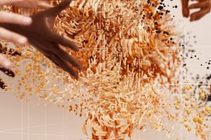 Abstract depiction of human-technology interaction with diverse hands and data flow.