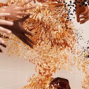 Abstract depiction of human-technology interaction with diverse hands and data flow.