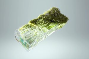 3D render of a glass structure with embedded greenery, symbolizing sustainable technology integration.