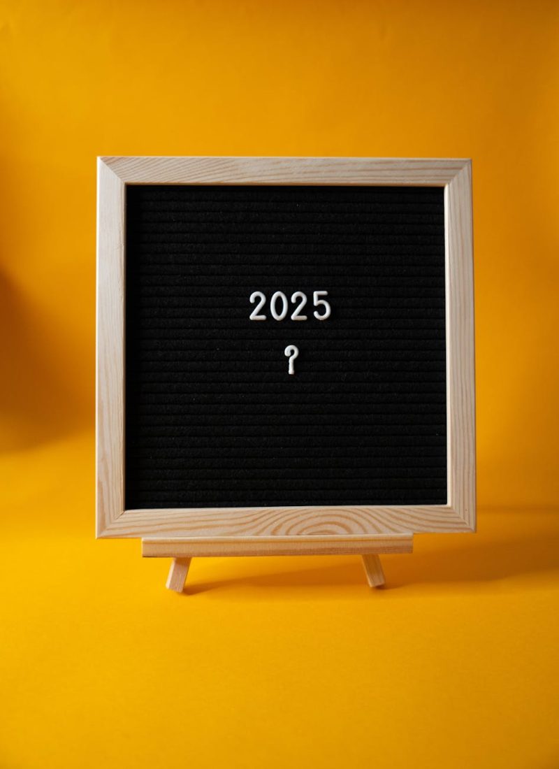 Chalkboard with '2025' on bright yellow background, symbolizing a fresh start to the new year.